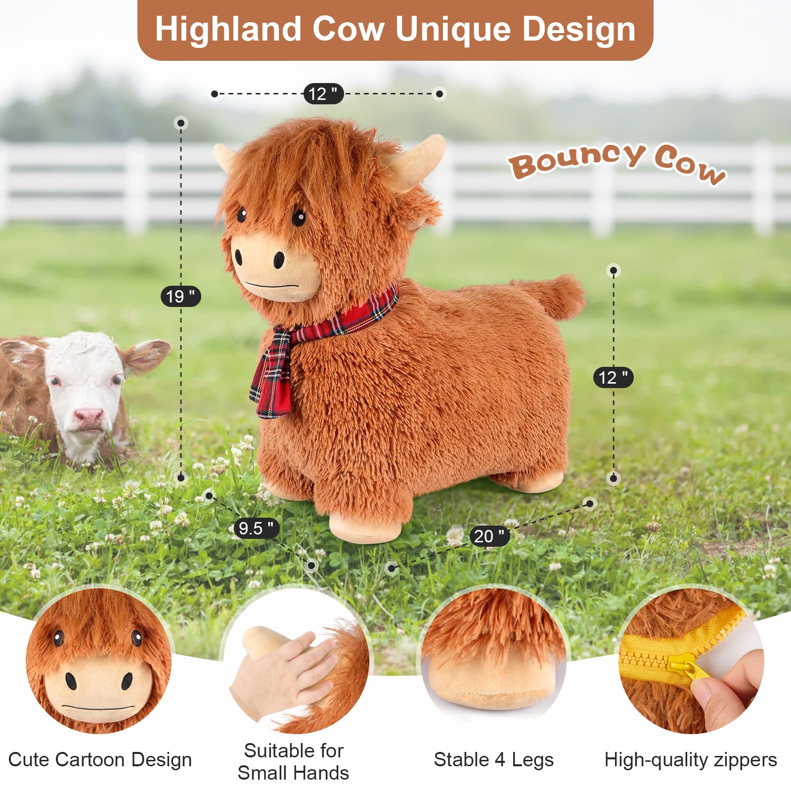 SuzziPals Highland Cow hopper with flowing mane for imaginative pretend rides