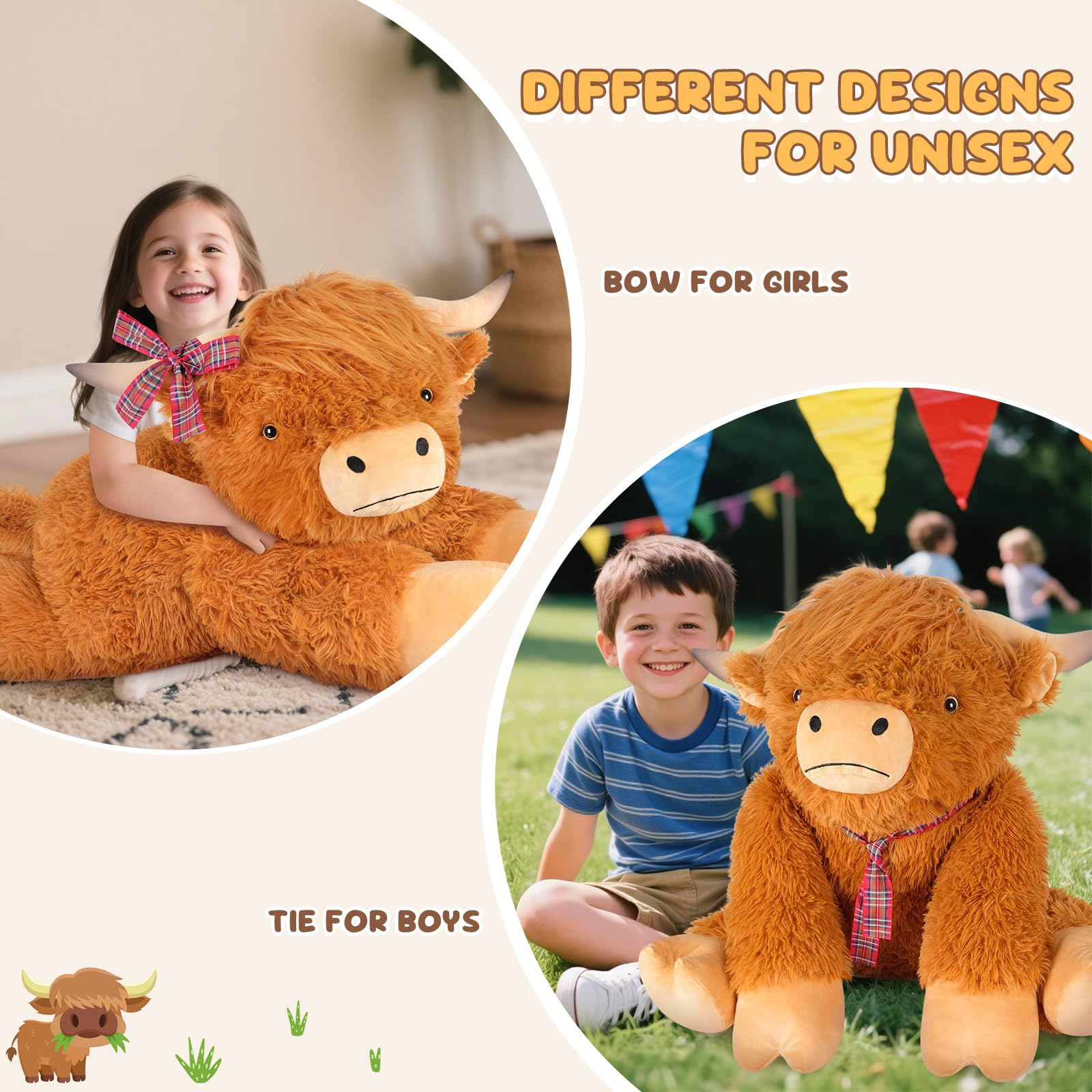 43-inch SuzziPals Highland cow plush shown as a bedtime companion.