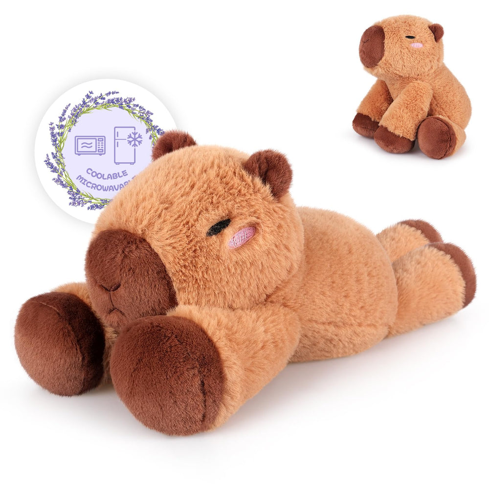 SuzziPals Capybara Plush heating pad in a cozy pose offers gentle warmth for relaxation.