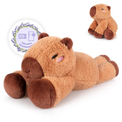 SuzziPals Capybara Plush heating pad in a cozy pose offers gentle warmth for relaxation.