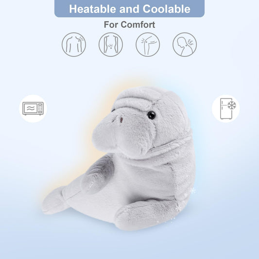 SuzziPals heated manatee plush ready for microwave warmth and comforting hugs.