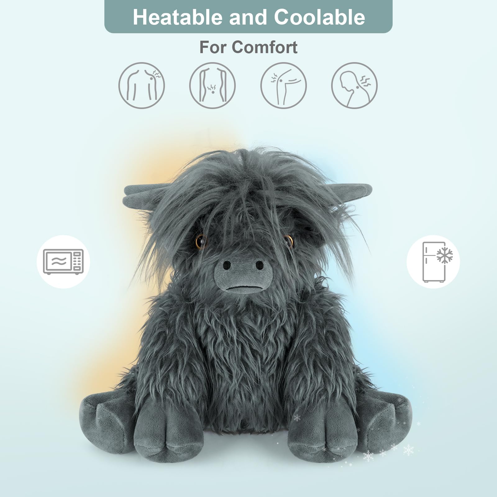 SuzziPals Highland cow heating pad in use, soft warmth for evening routine