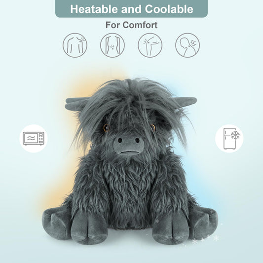 SuzziPals Highland cow heating pad in use, soft warmth for evening routine