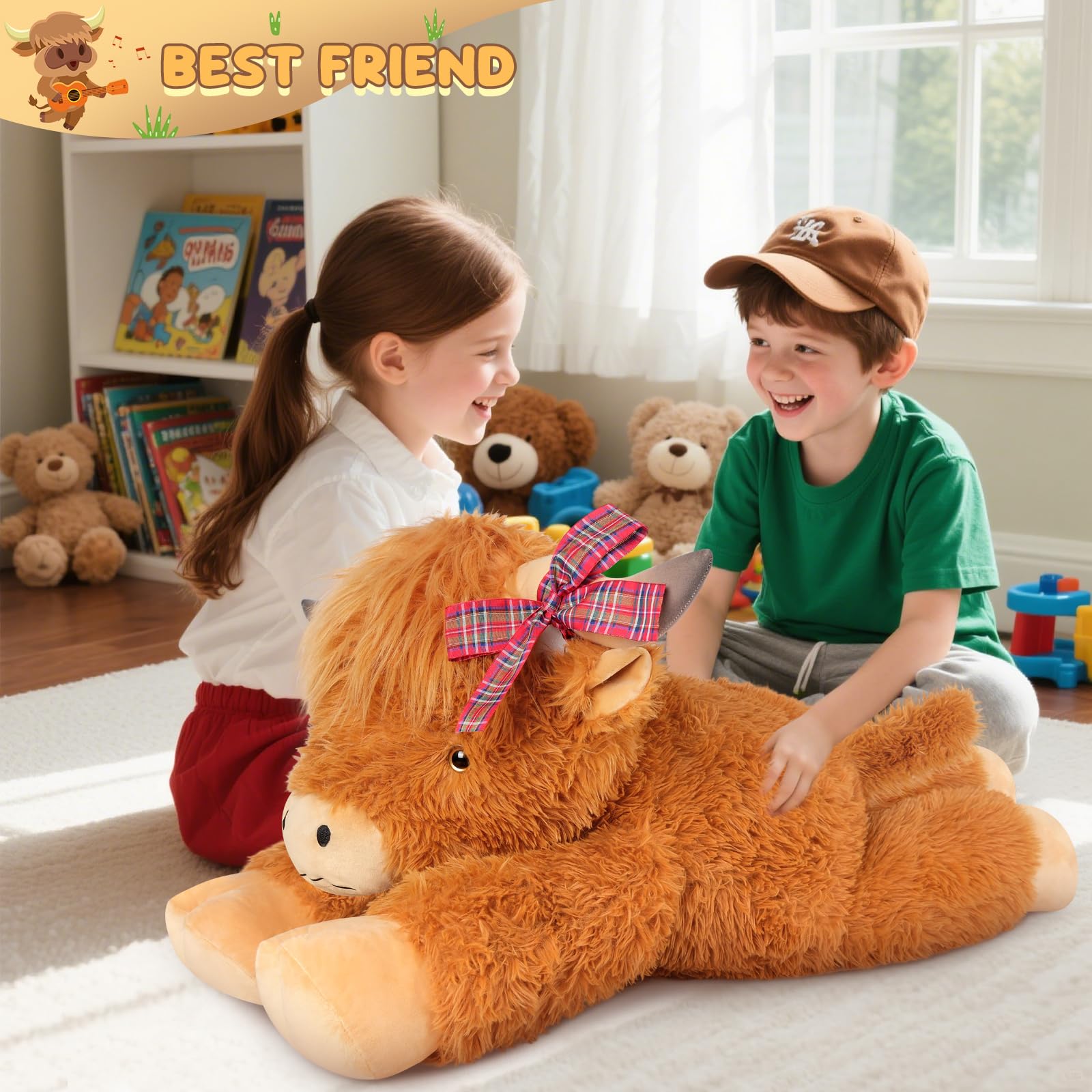 SuzziPals Highland cow plush in a cozy bedroom setting.