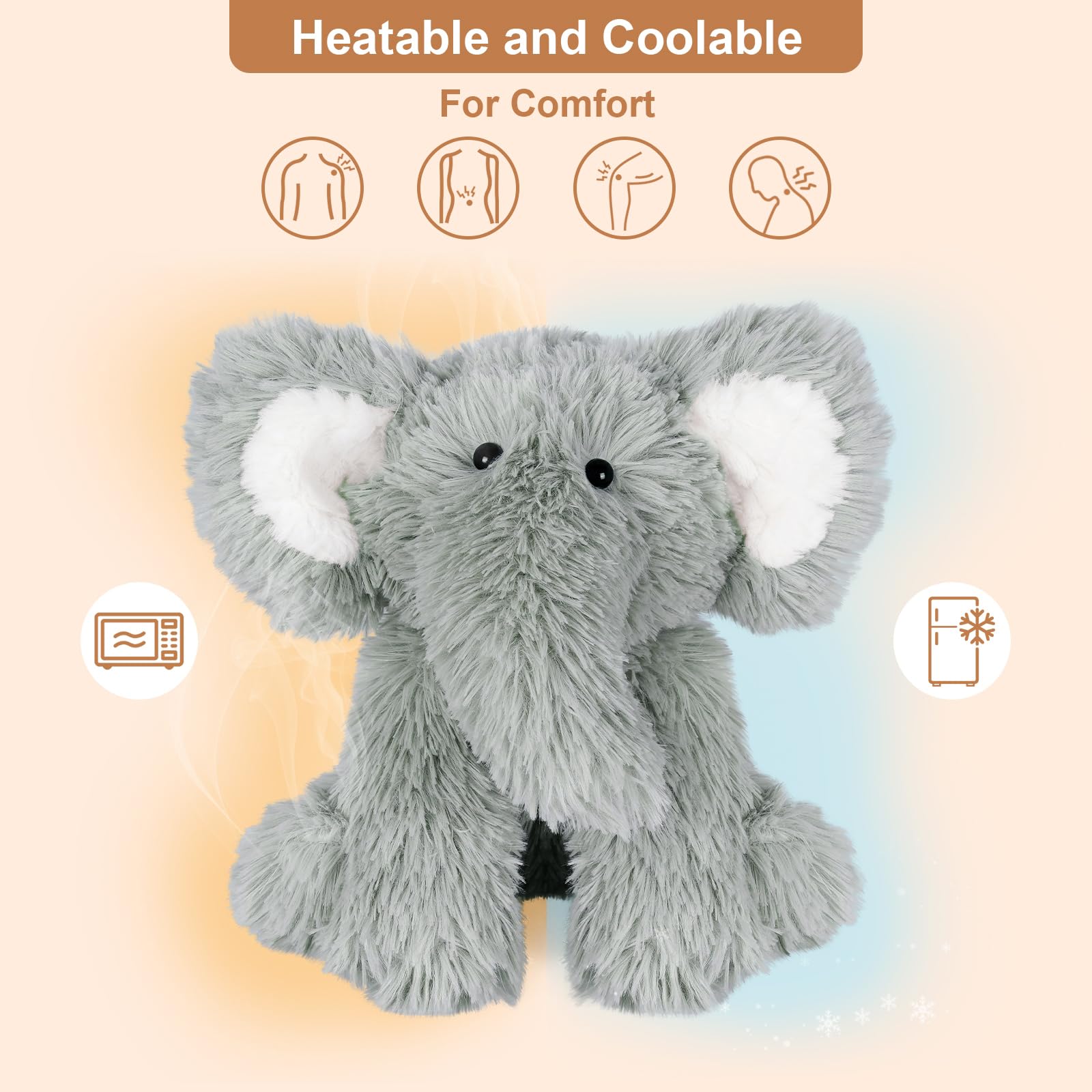 SuzziPals microwavable heating pad elephant in hand for targeted relief