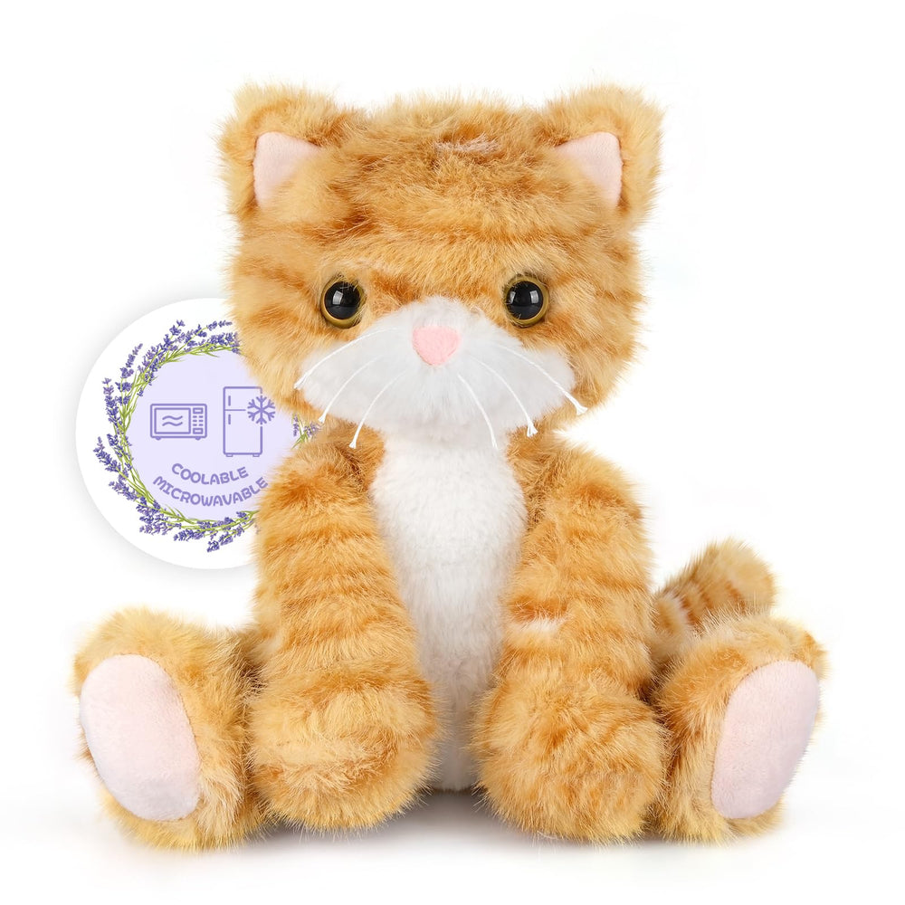 SuzziPals orange cat plush heatable with flaxseeds for comforting warmth.