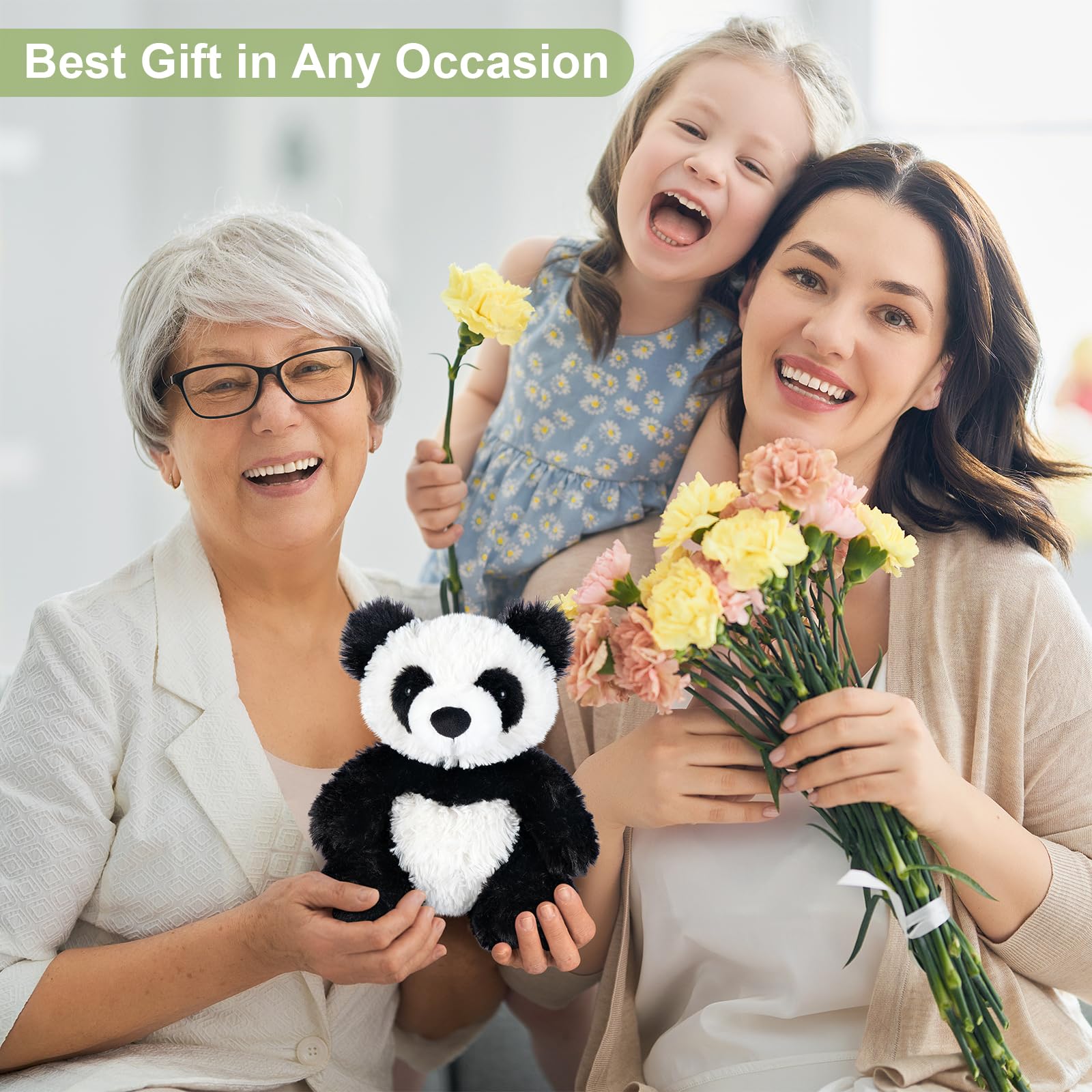 SuzziPals panda plush shown with heat for comfort.