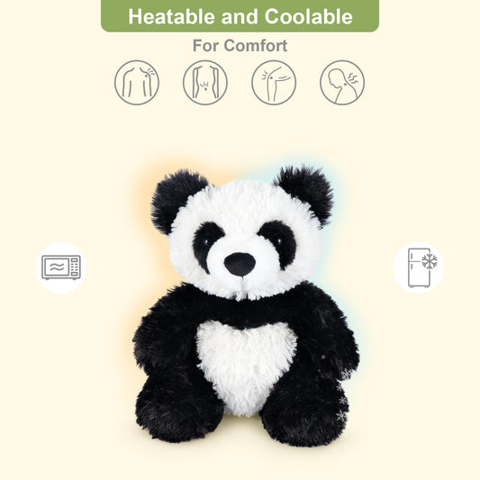 SuzziPals microwavable panda plush demonstrating quick warmth.