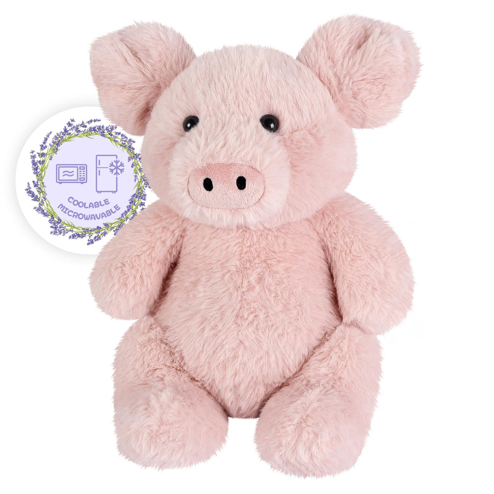 SuzziPals pig heating pad in microwave for soothing warmth.