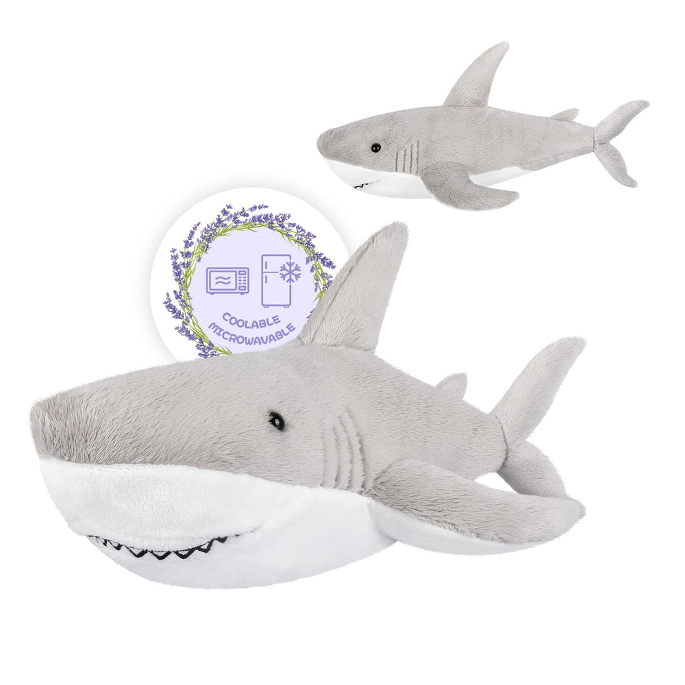 SuzziPals Shark plush offers heated comfort with a plush texture for cozy evenings.