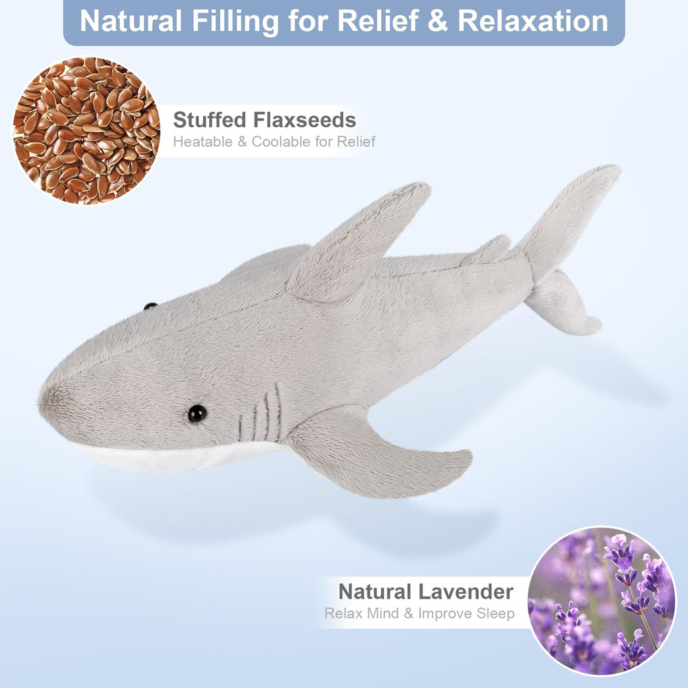 SuzziPals Shark heated toy with lavender filling provides calming aroma for relaxation.
