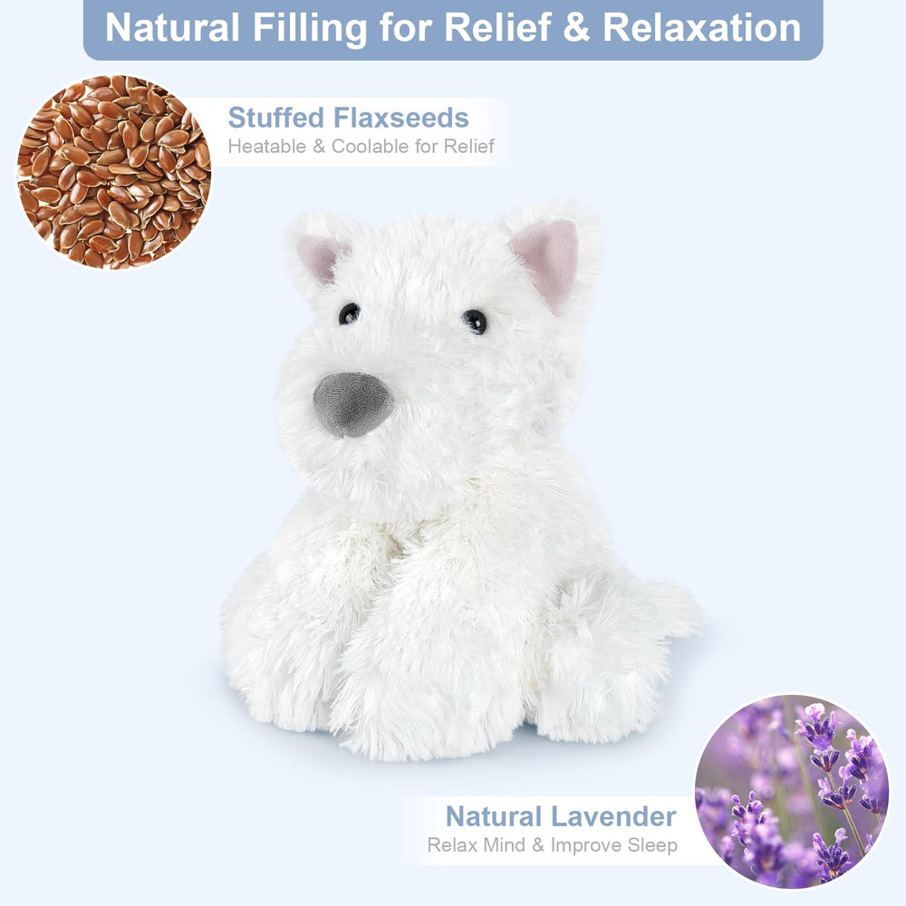 SuzziPals Westie plush heated in microwave for soothing warmth