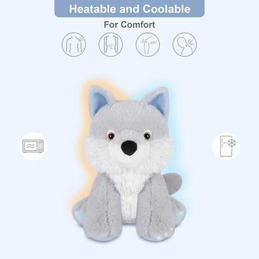 SuzziPals Wolf plush heating pad in use for soothing warmth