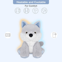 SuzziPals Wolf plush heating pad in use for soothing warmth