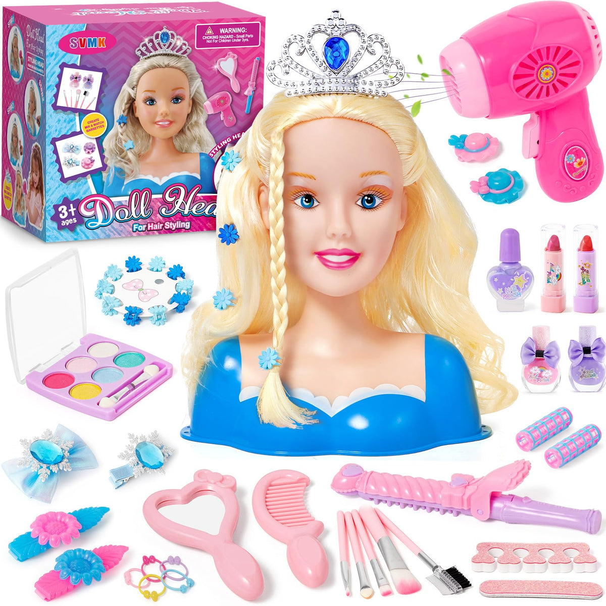 SVMK hair-styling doll head with realistic dryer encourages imaginative pretend play.