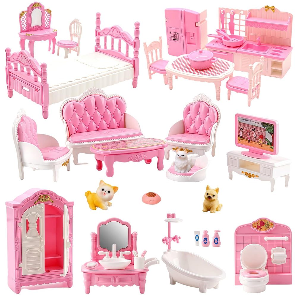SwankyStyle 36Pcs kitchen set in pink for imaginative play and realistic kitchen scenes.