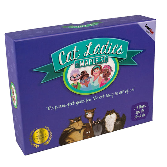 Sweet Bros Games Cat Ladies of Maple Street box art shows whimsical cats ready for play