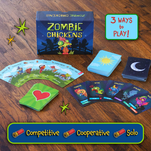 Sweet Bros Games Zombie Chickens cards laid out for strategic play.