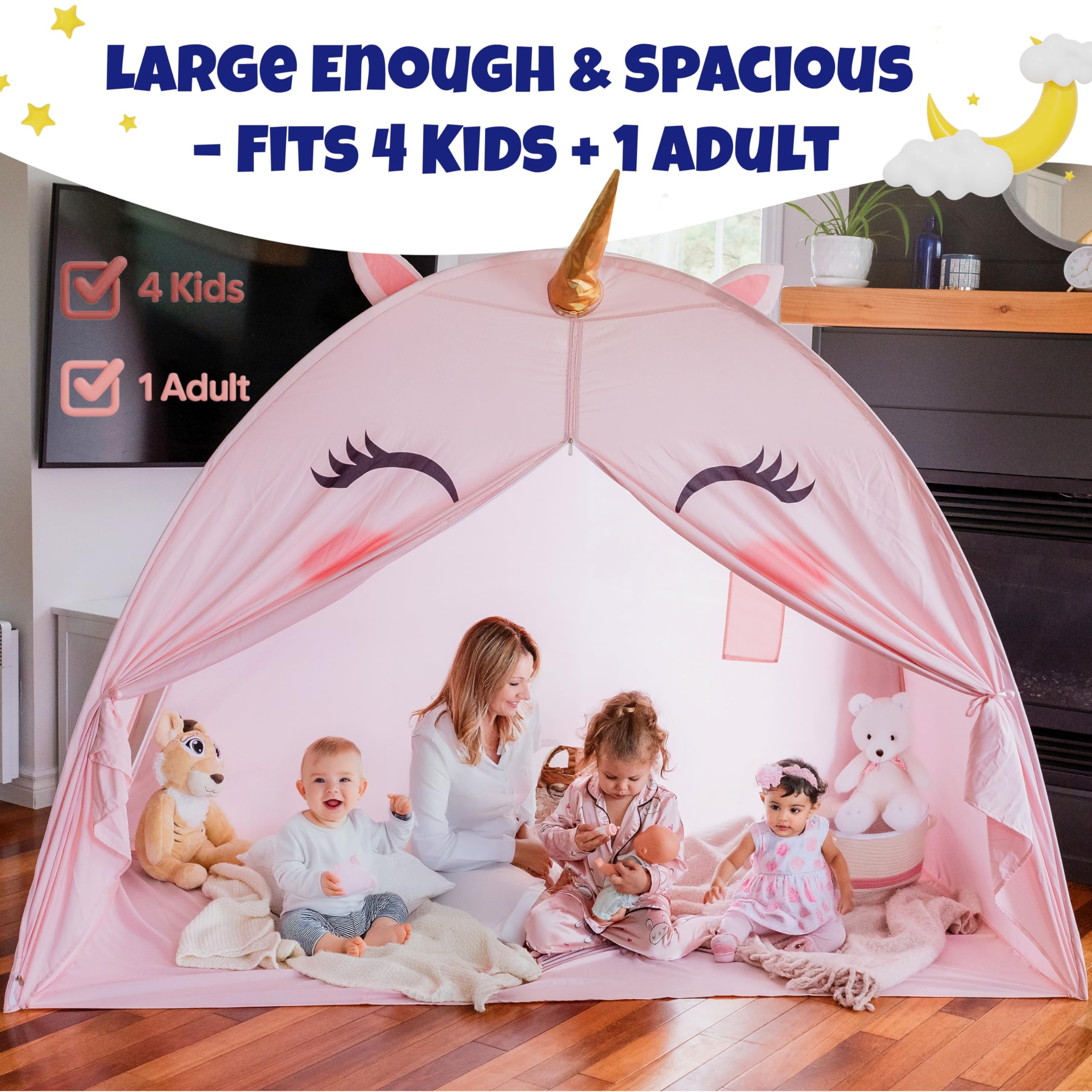 Sweet Cuddly Night tablet holder in unicorn tent for movie time