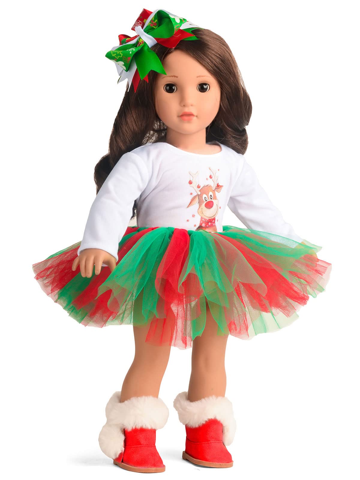 Sweet Dolly 18in doll Christmas deer tutu dress detail shows comfy T-shirt included