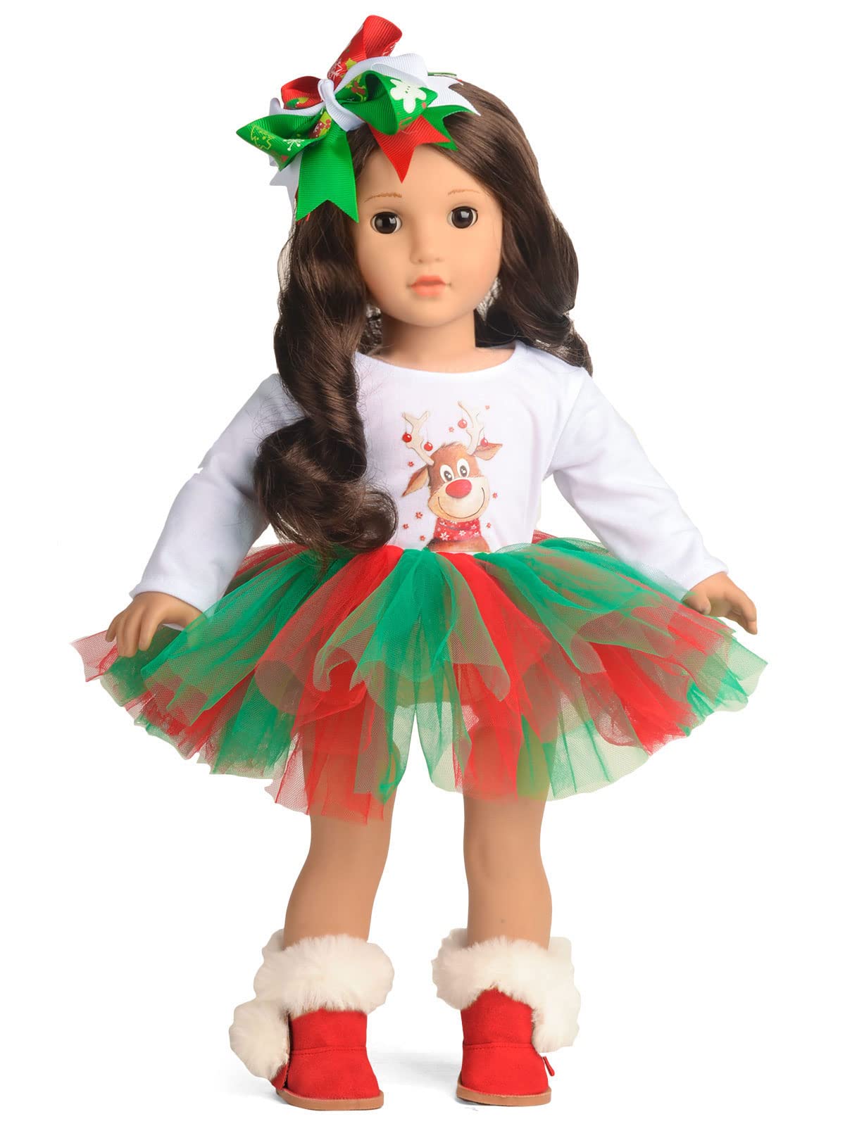 Sweet Dolly 18in Christmas deer tutu dress front view for holiday play
