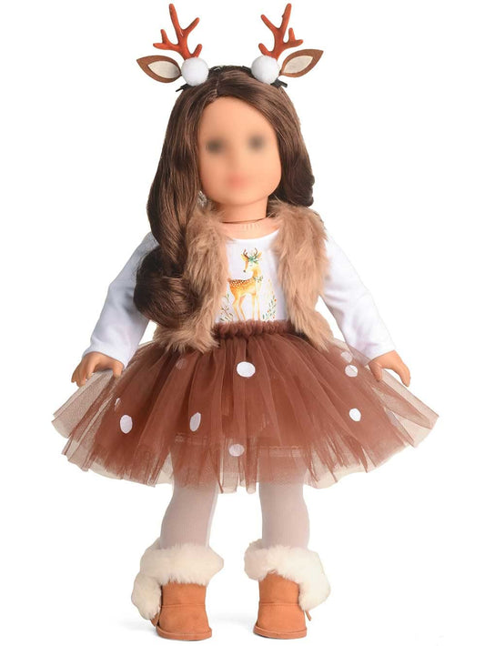 Sweet Dolly deer tutu dress for 18-inch dolls enhances festive playtime.