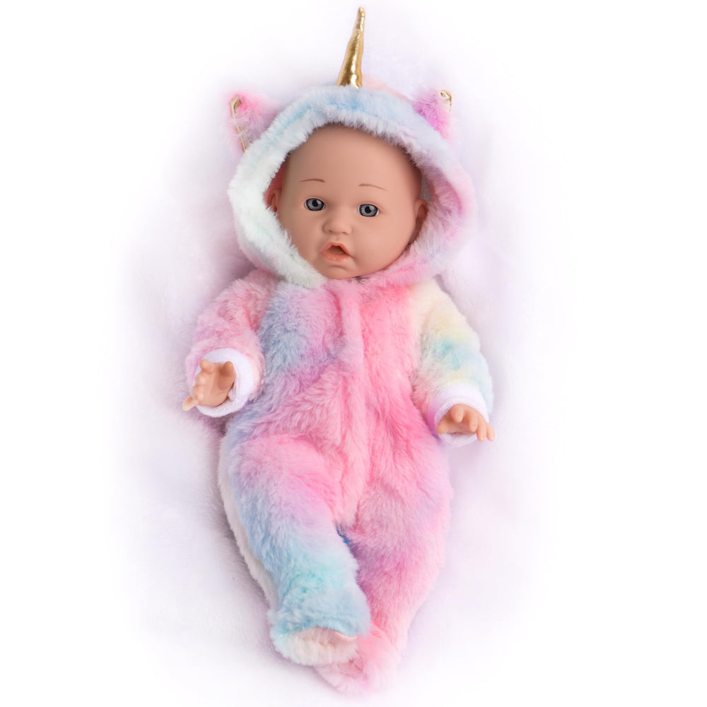 Lifelike 12-inch figure highlighted in photos for real-world pretend play.
