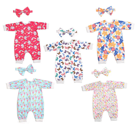 Sweet Dolly hot pink unicorn jumpsuit with bow headband for imaginative play