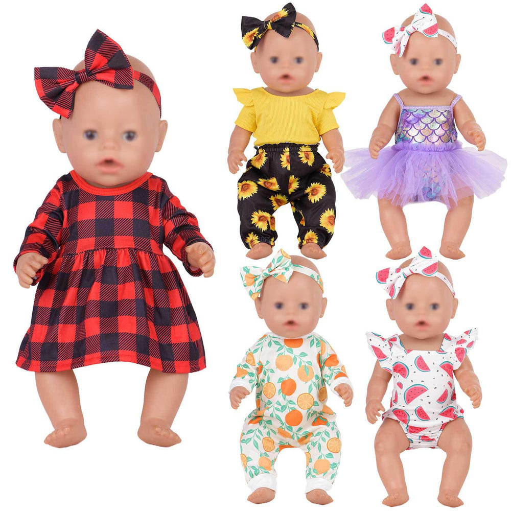Sweet Dolly plaid dress with bow headband for 15-18 inch dolls, easy daily play outfit.