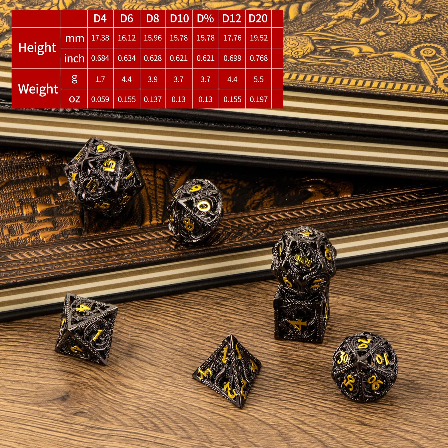 SWeien wooden display box for seven-piece dice set.