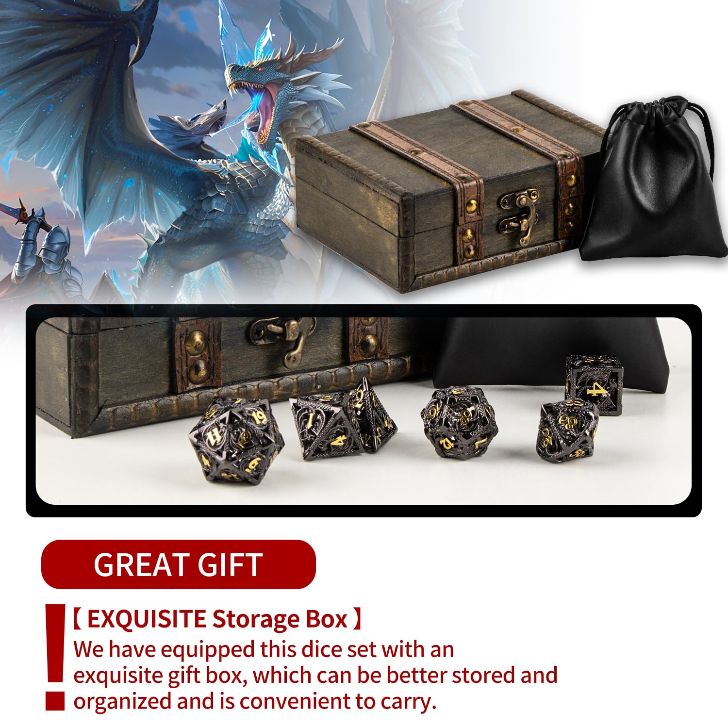 SWeien hollow metal D20 with dragon accents for premium play.