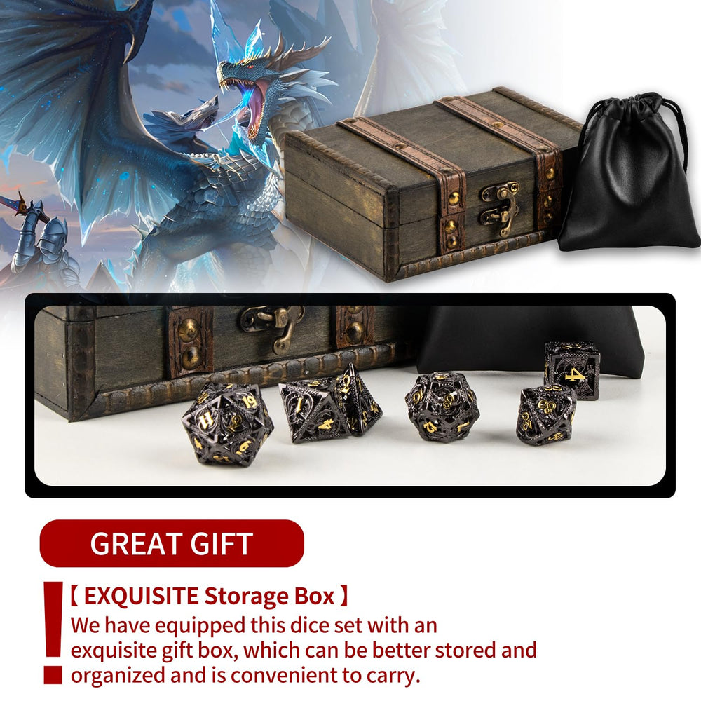 SWeien hollow metal D20 with dragon accents for premium play.