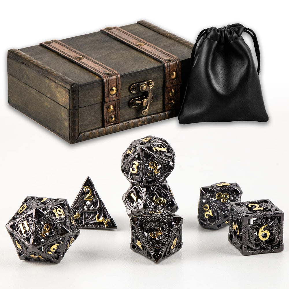 SWeien hollow metal DND dice with dragon motif, balanced for reliable rolls.