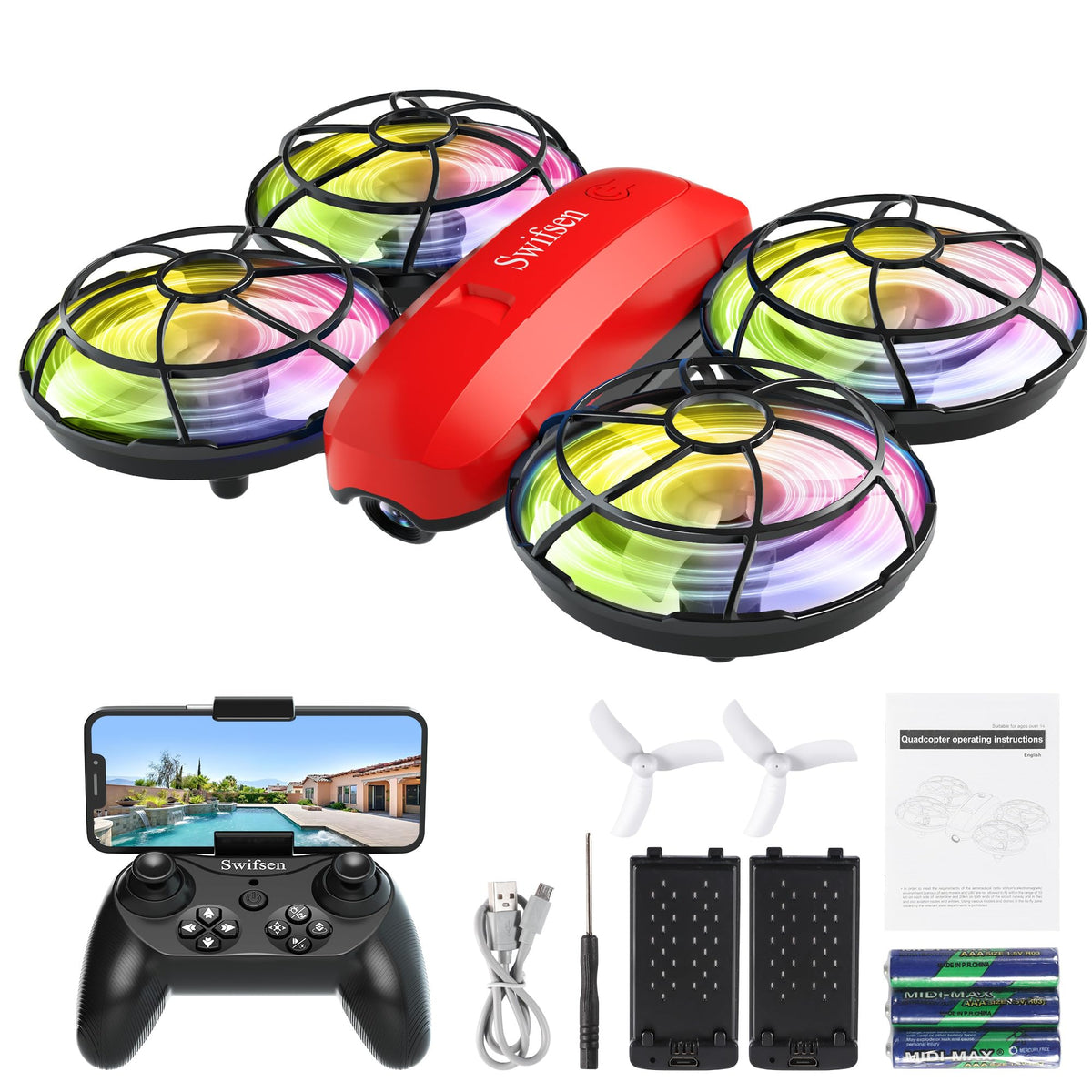 Swifsen drone with camera for kids enabling beginner filming during indoor flights.