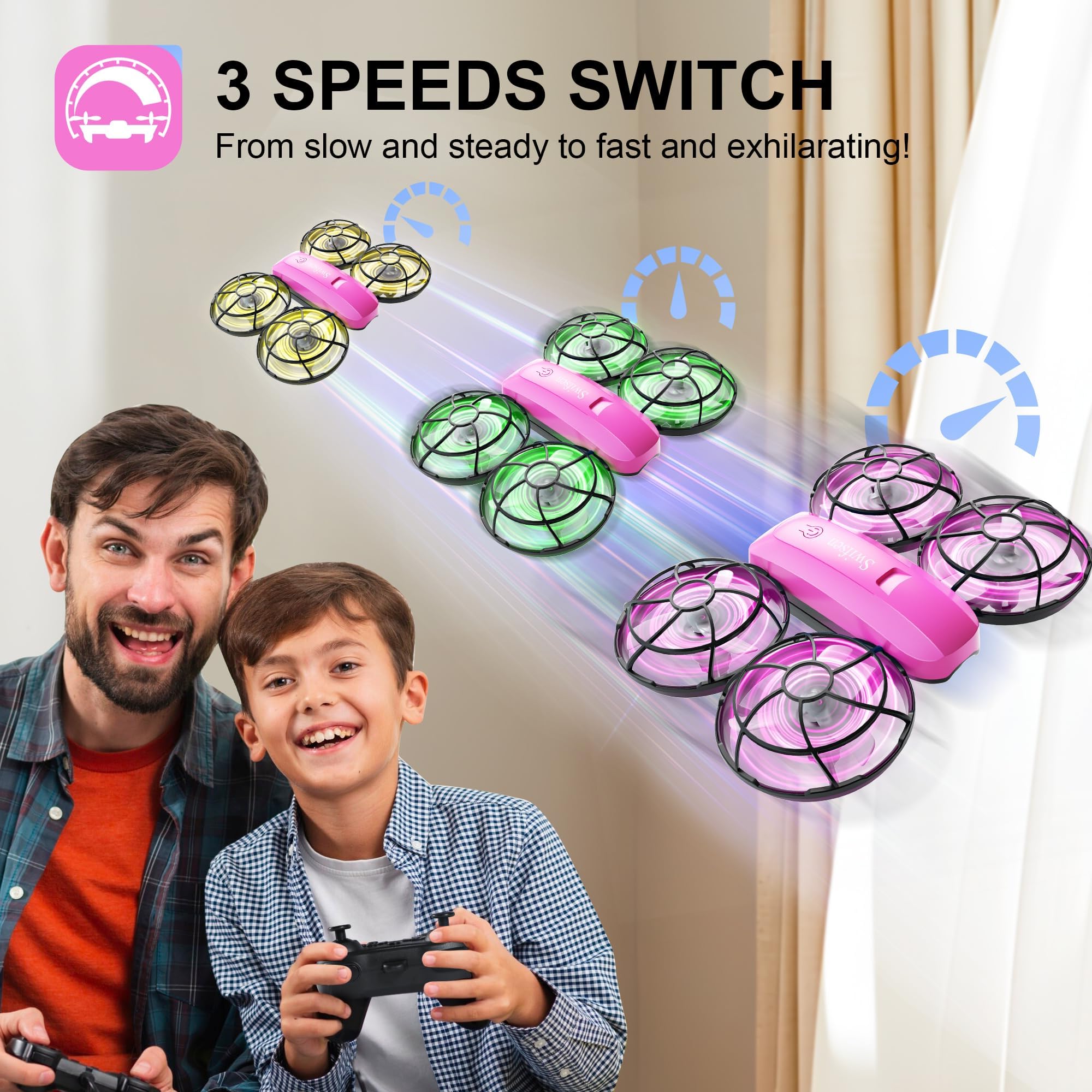 Swifsen drone's colorful LED lights create a night light show.