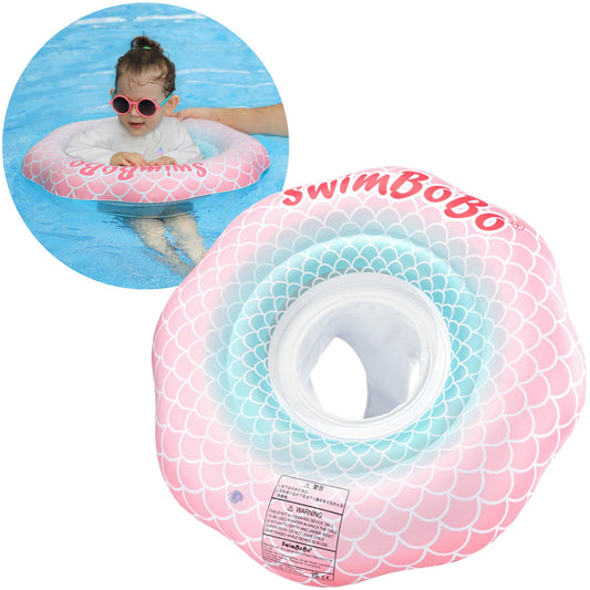 Swimbobo pink mermaid baby float with safety seat for secure pool play.