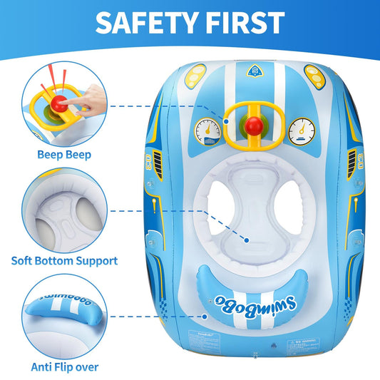 Swimbobo toddler float with adjustable canopy provides sun protection on hot days.