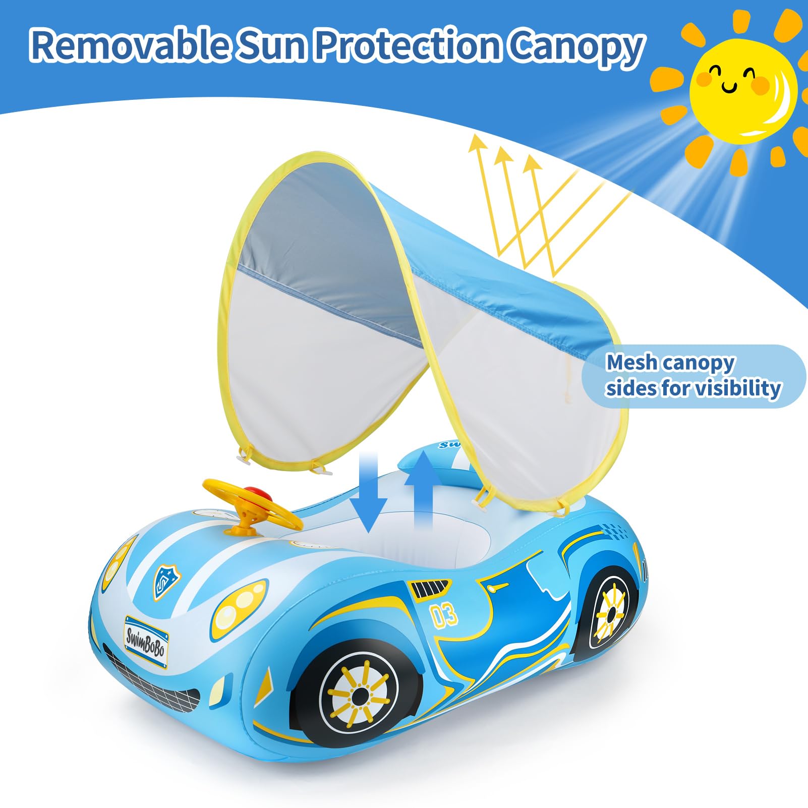 Swimbobo pool float features safety seat and leg holes for stable water play.