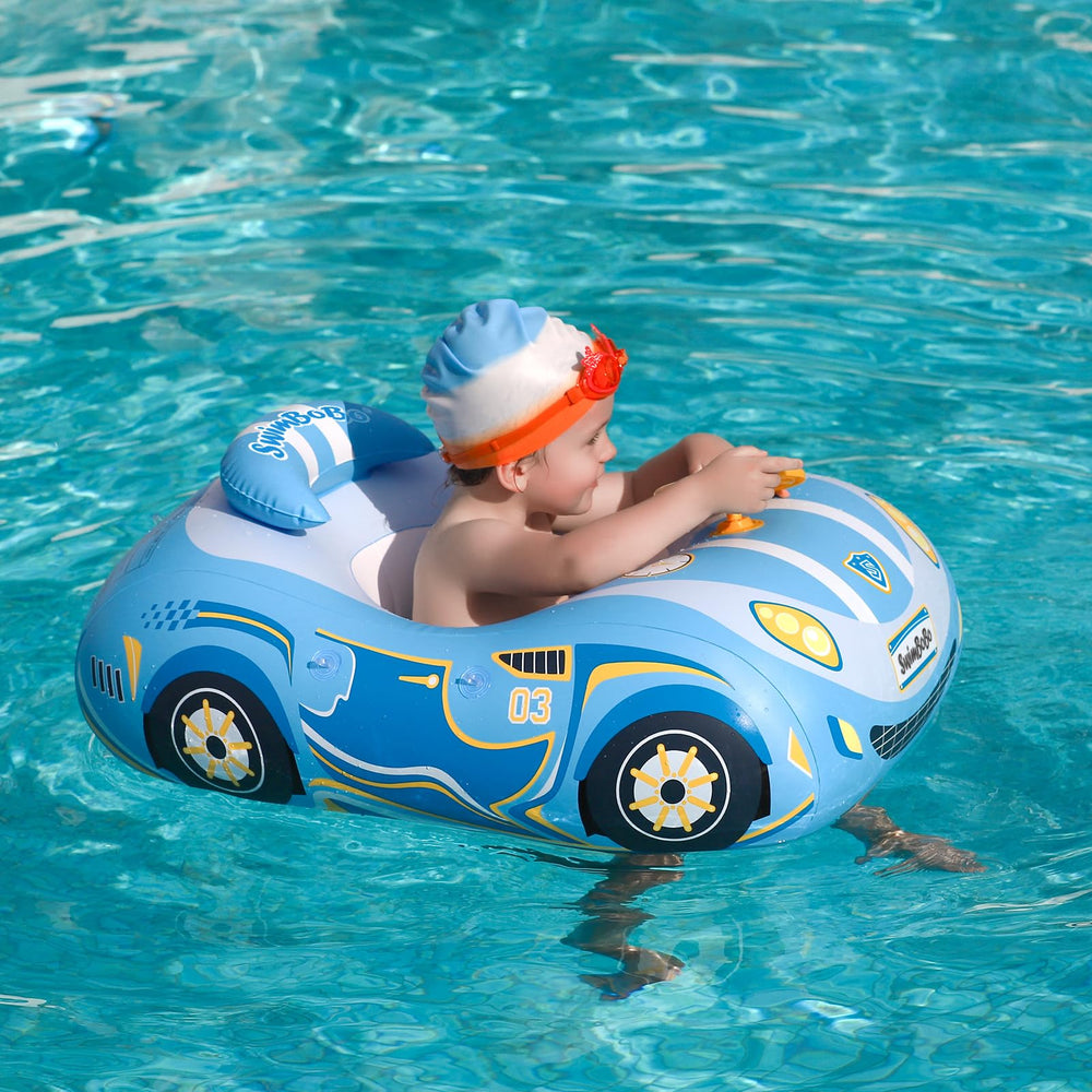 Swimbobo blue float includes steering wheel for interactive play and engagement.