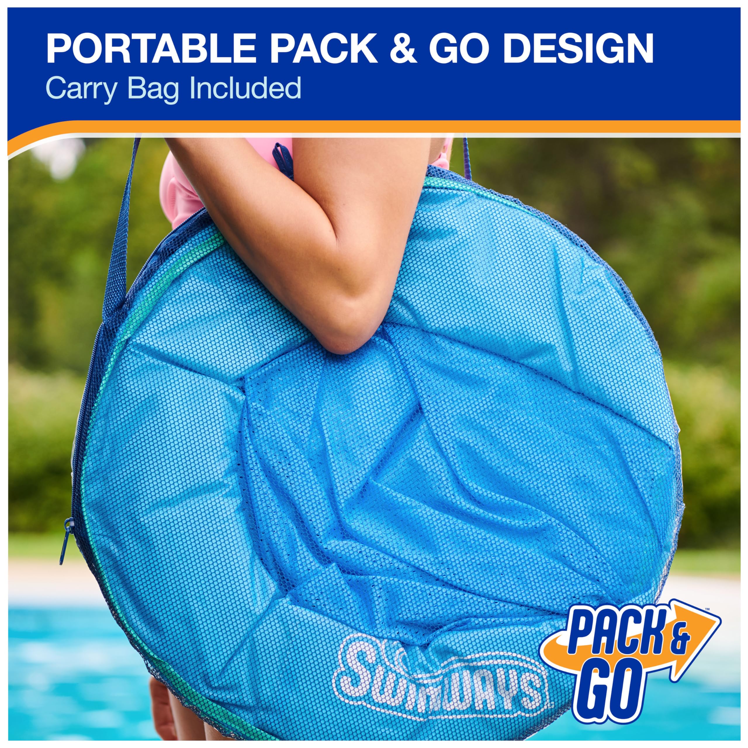 SwimWays premium hammock folds flat into three circles for simple storage and travel.