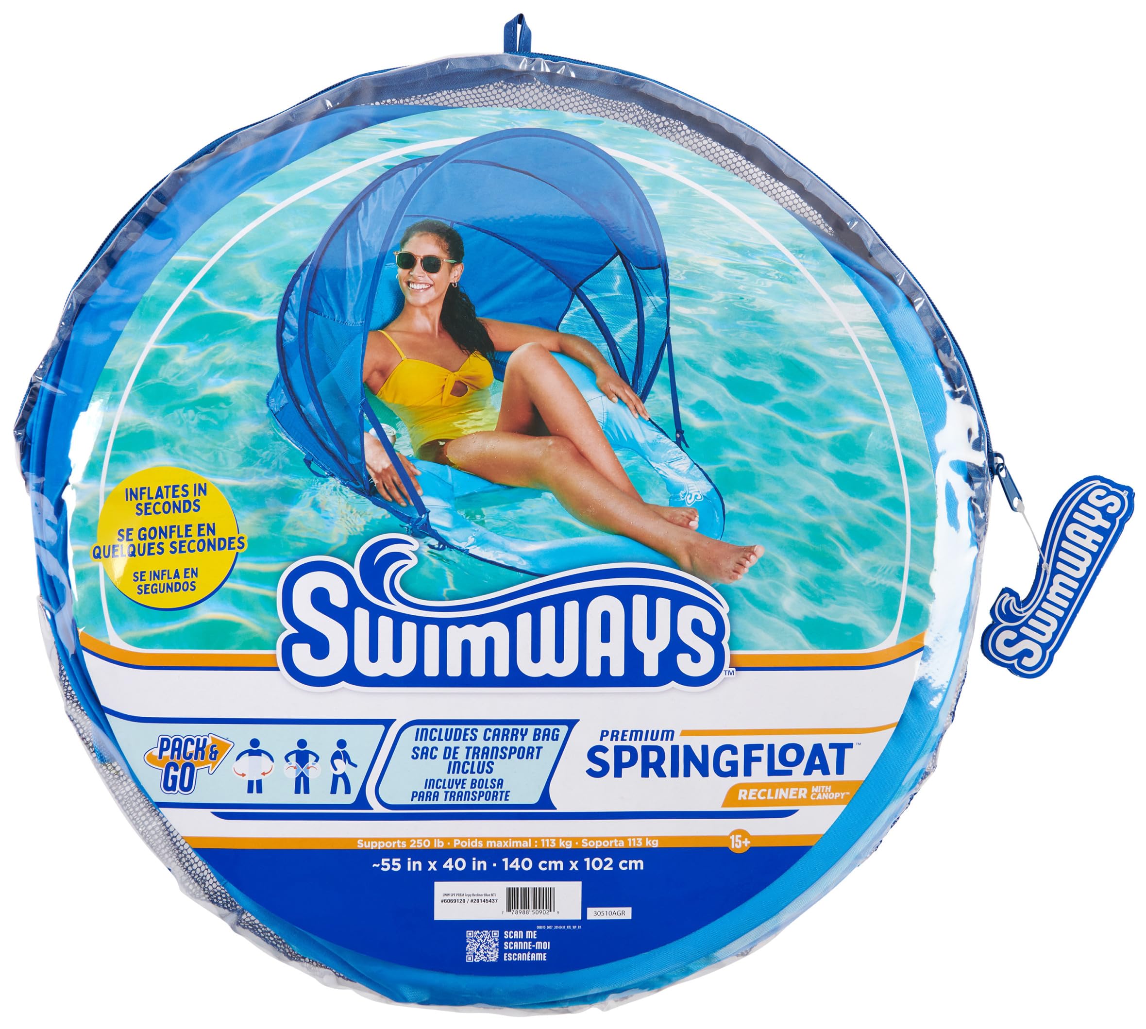 SwimWays Spring Float Recliner measures 55 x 38 x 15.5 inches for most adults