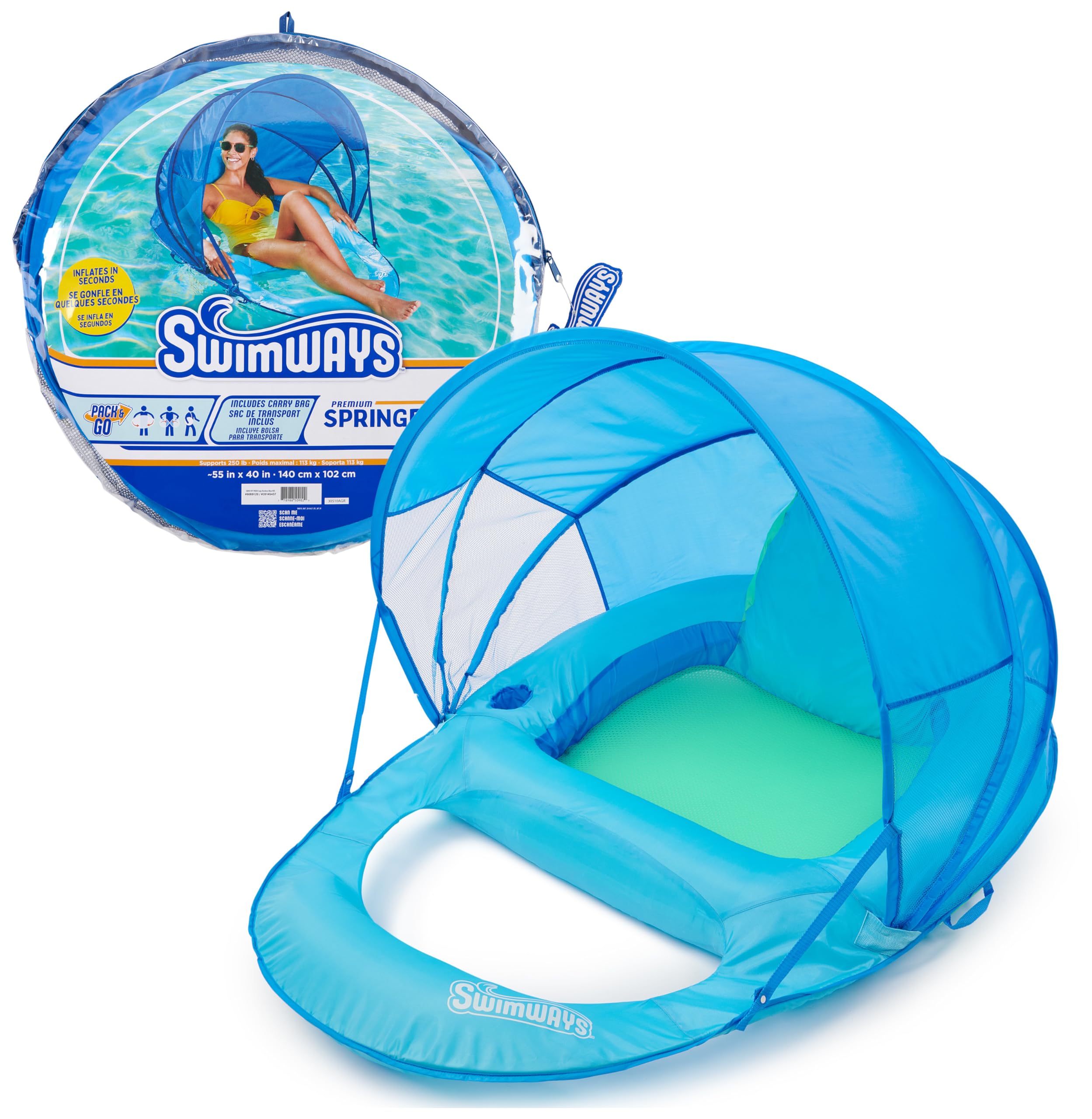SwimWays Spring Float Premium Recliner with Canopy – Sky Blue, Ultra-F ...