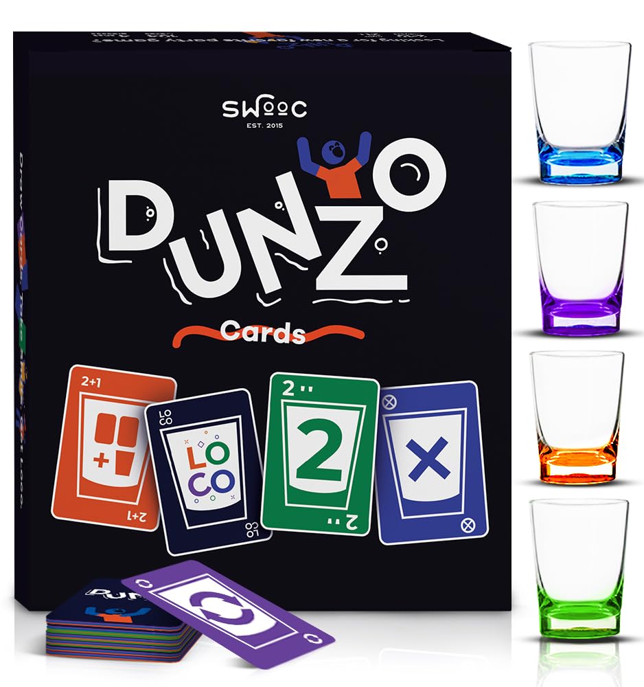 SWOOC DUNZO unbreakable glasses set bright colors on a game table