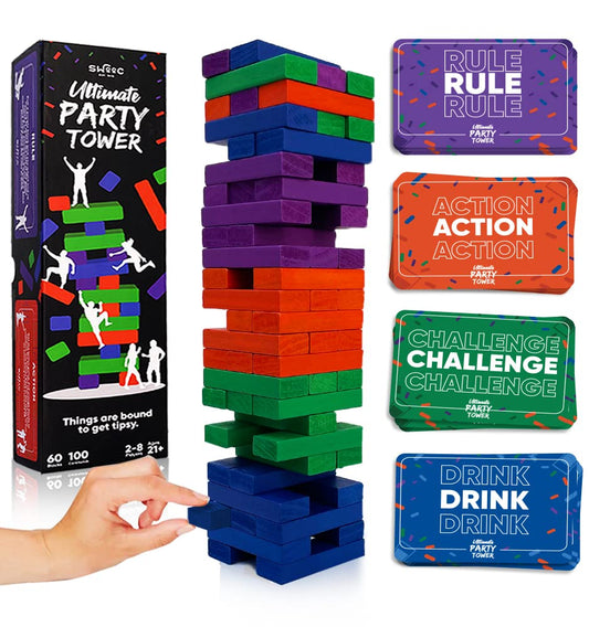 SWOOC Ultimate Party Tower setup with colorful blocks for group play fun.