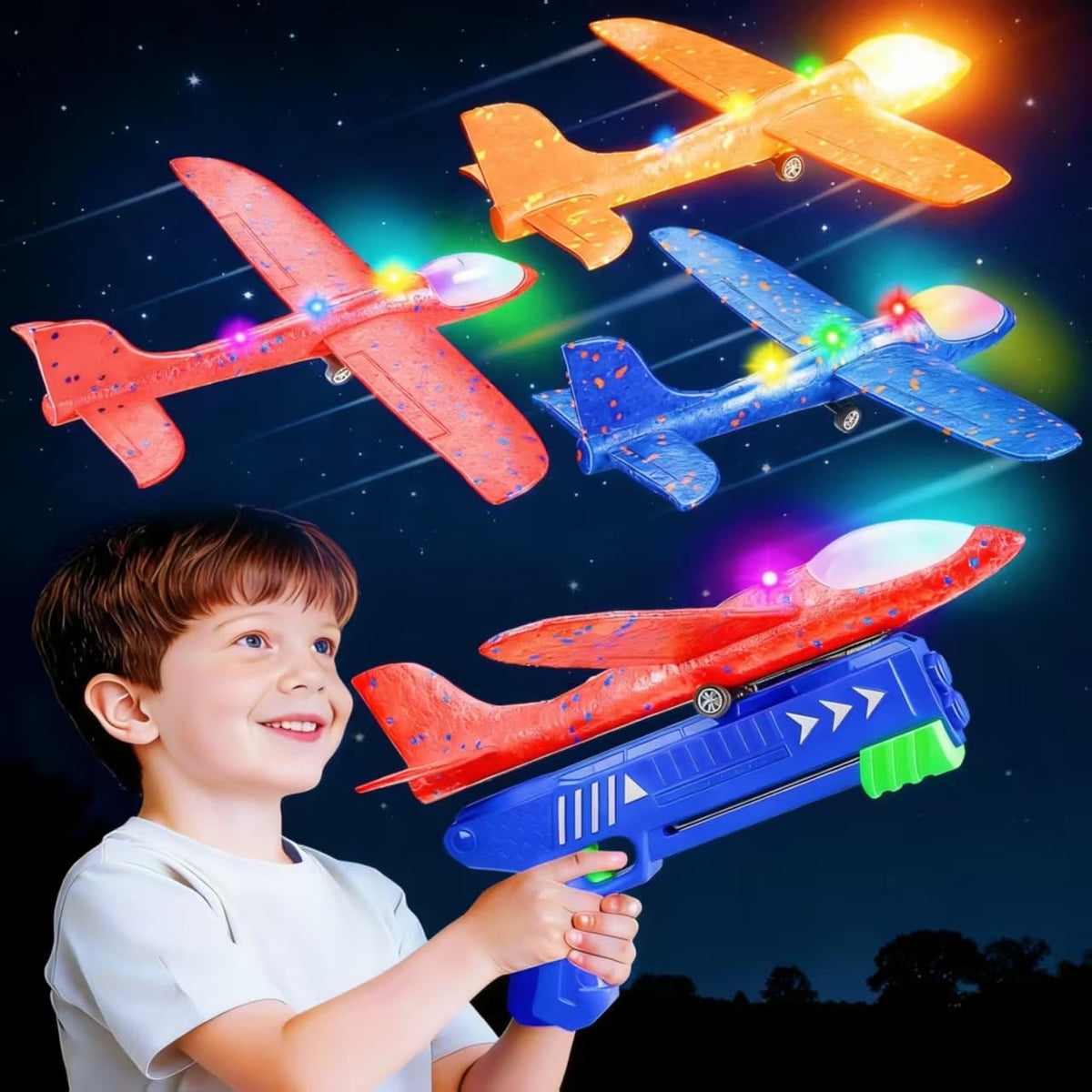 SYHLN 3-pack airplane launcher toys with LED foam planes in action for outdoor play.