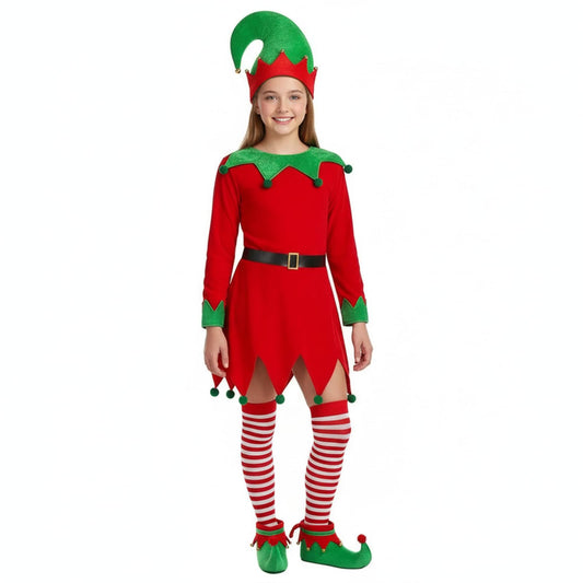 Syhood Christmas elf costume dress shown, highlighting festive velvet styling for girls