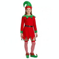Syhood Christmas elf costume dress shown, highlighting festive velvet styling for girls