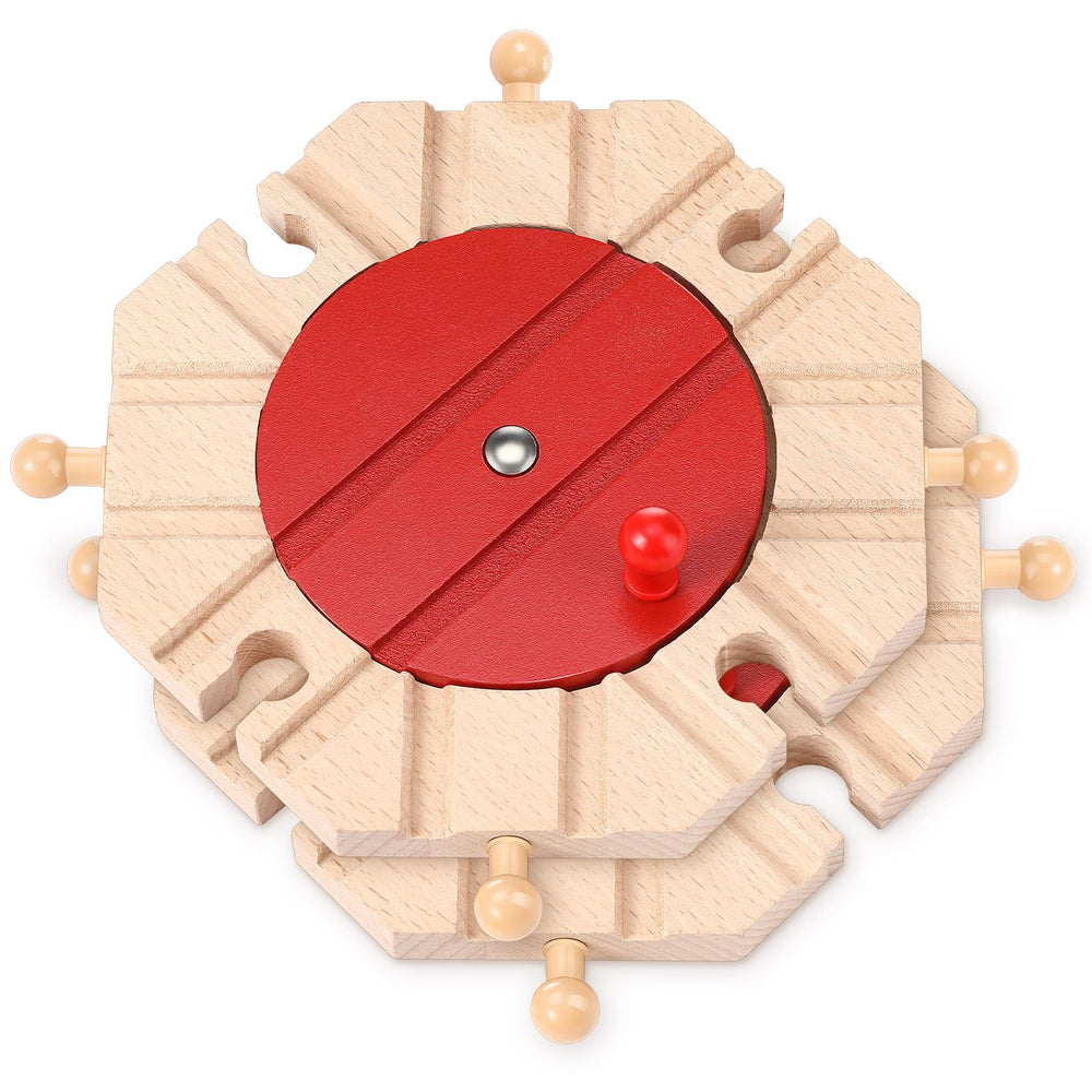 Syhood two-piece wooden train track turntables 8-way top view shows expansion potential