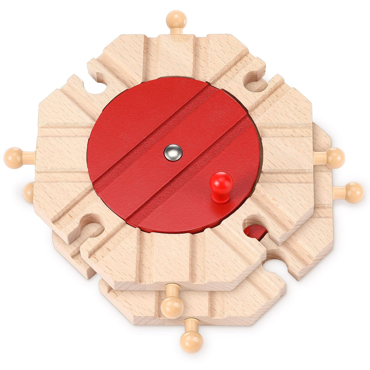 Syhood two-piece wooden train track turntables 8-way top view shows expansion potential