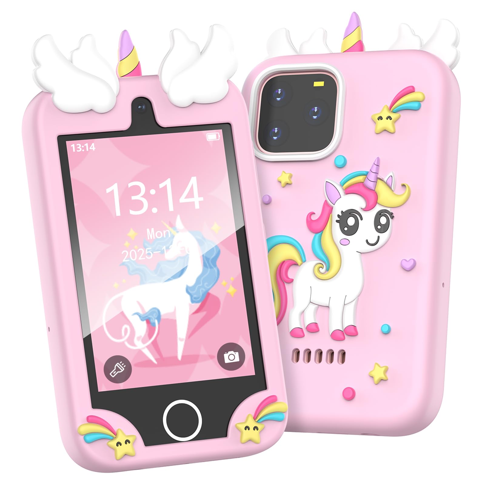 Sylvanthos Kids Smart Phone Toy pink front view with dual cameras for selfies